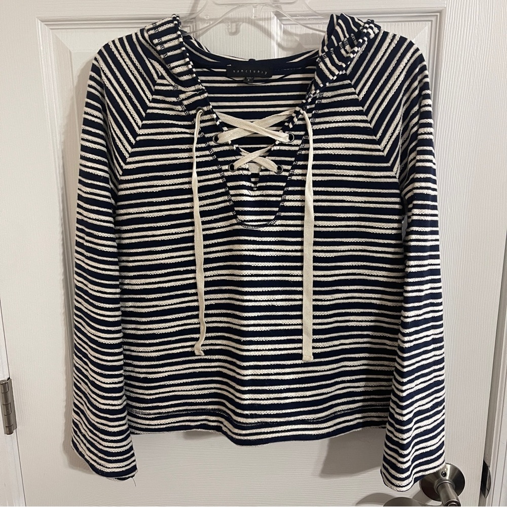 Sanctuary Blue/White Striped Pullover Sweater with hood size Small